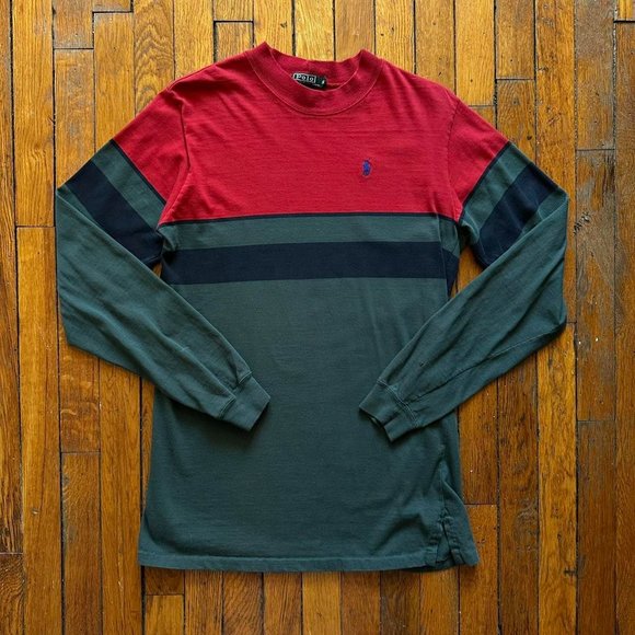 Vintage 80s Polo by Ralph‎ Lauren Made USA Men Red Green Navy Long Sleeve Shirt - Picture 1 of 7